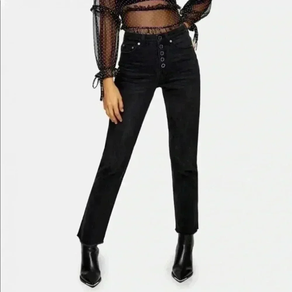 Topshop Straight Leg Jeans High Rise Popper Front Cropped Raw Hem  Black Size 26